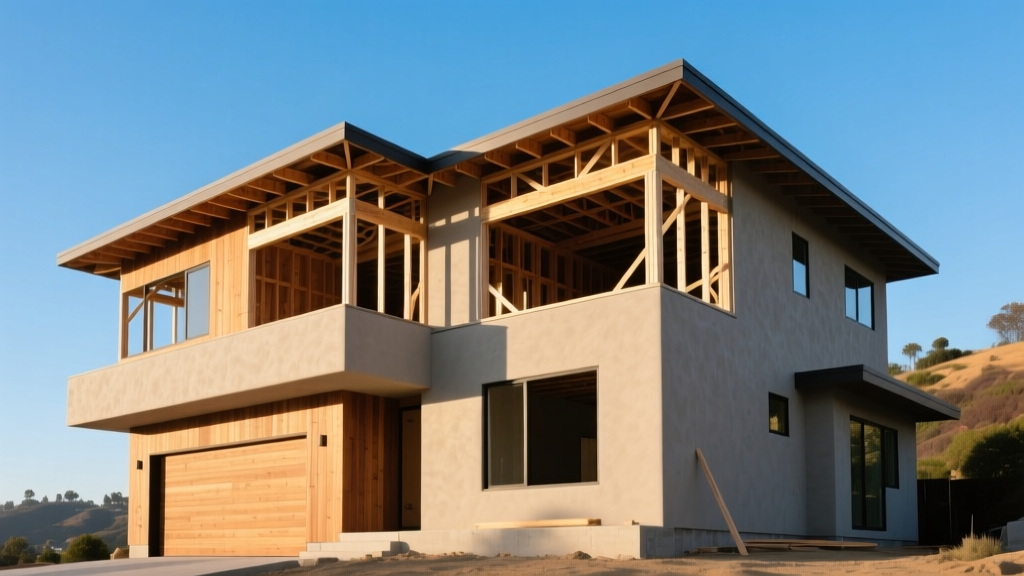 Modern two-story stucco and wood-clad custom home under construction in the Hollywood Hills with framed walls and exposed roof trusses against clear sky