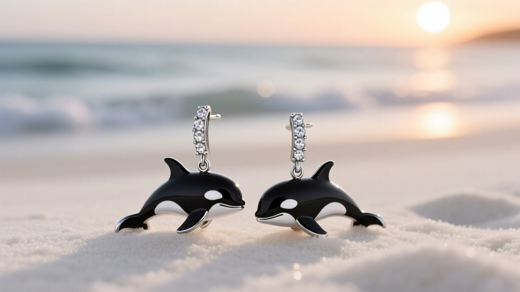 Close-up of sleek black rhodium orca drop earrings with diamond accents on white sand with soft ocean lighting in the background.