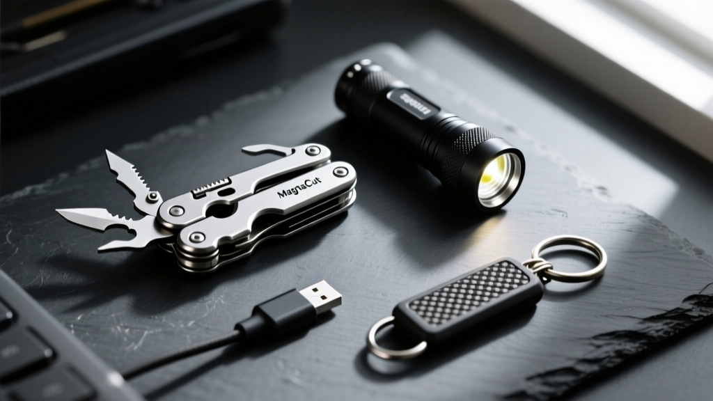 Flat lay of premium EDC cool tool gadgets including a MagnaCut multitool and right-angle flashlight on a dark slate workspace surface