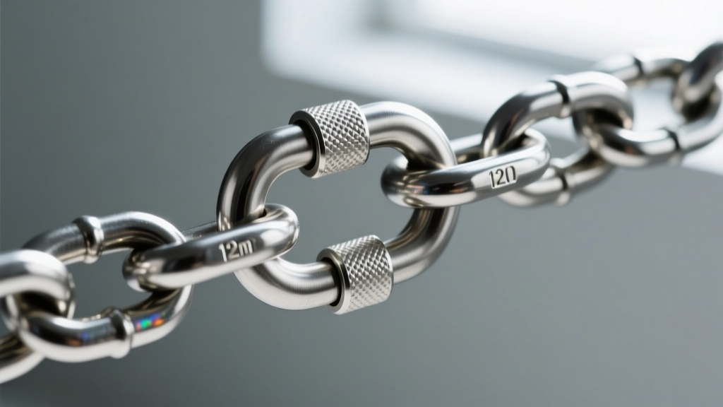 Macro photo of a heavy-duty stainless steel T-bar toggle clasp securing a thick 12mm Cuban link chain with sharply focused detail