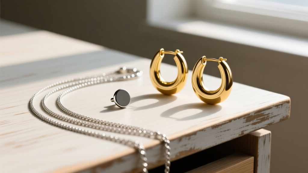 Chunky gold hoops, a titanium flat-back stud, and layered silver necklaces on a wooden desk, showcasing popular jewelry for teens.