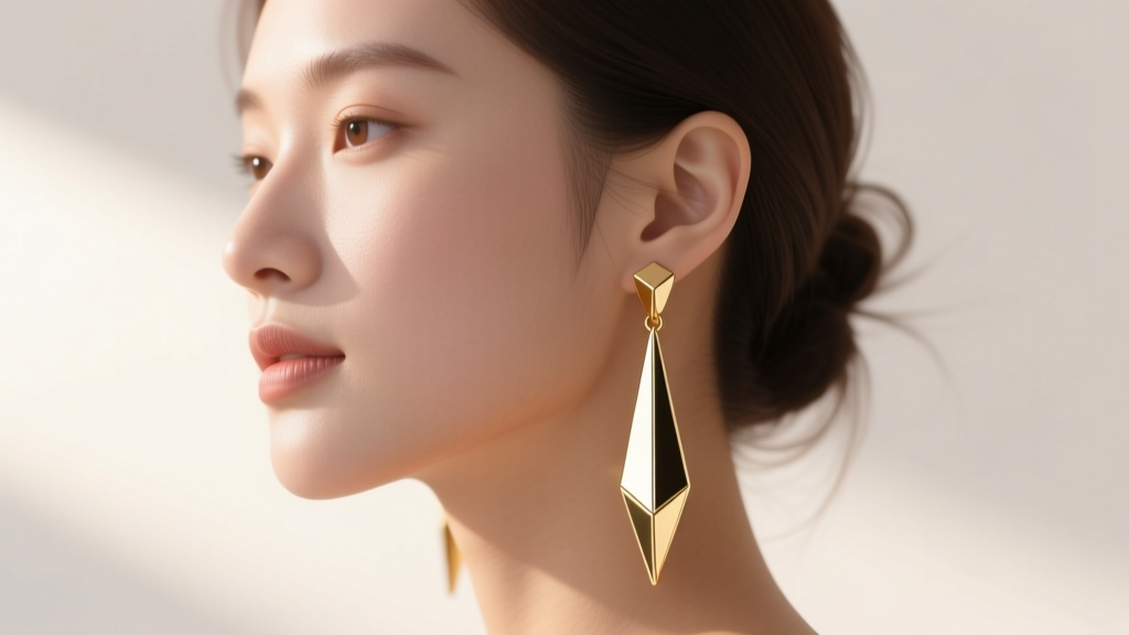 Side profile of a woman with a round face wearing long 14k gold geometric drop earrings, showing how vertical lines elongate her jaw