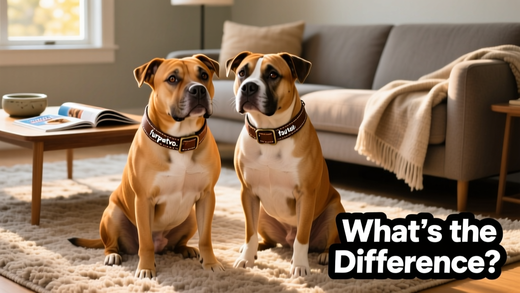 A relaxed American Staffordshire Terrier and American Pit Bull Terrier sitting side-by-side on a living room rug, both wearing collars from furpetvo.com