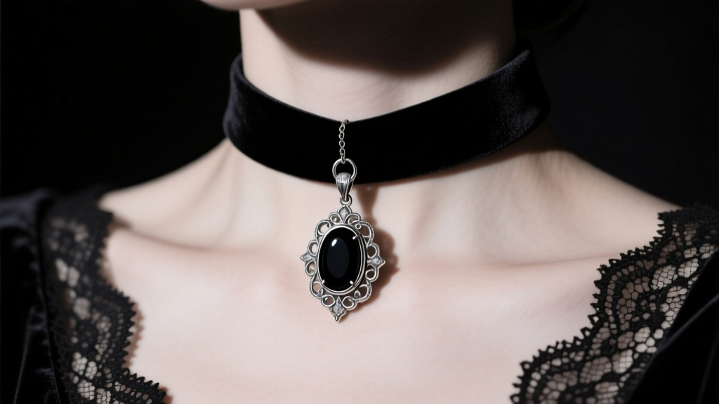 Elegant dark velvet choker with an ornate silver and black onyx drop pendant resting on a lace collar, moody gothic lighting
