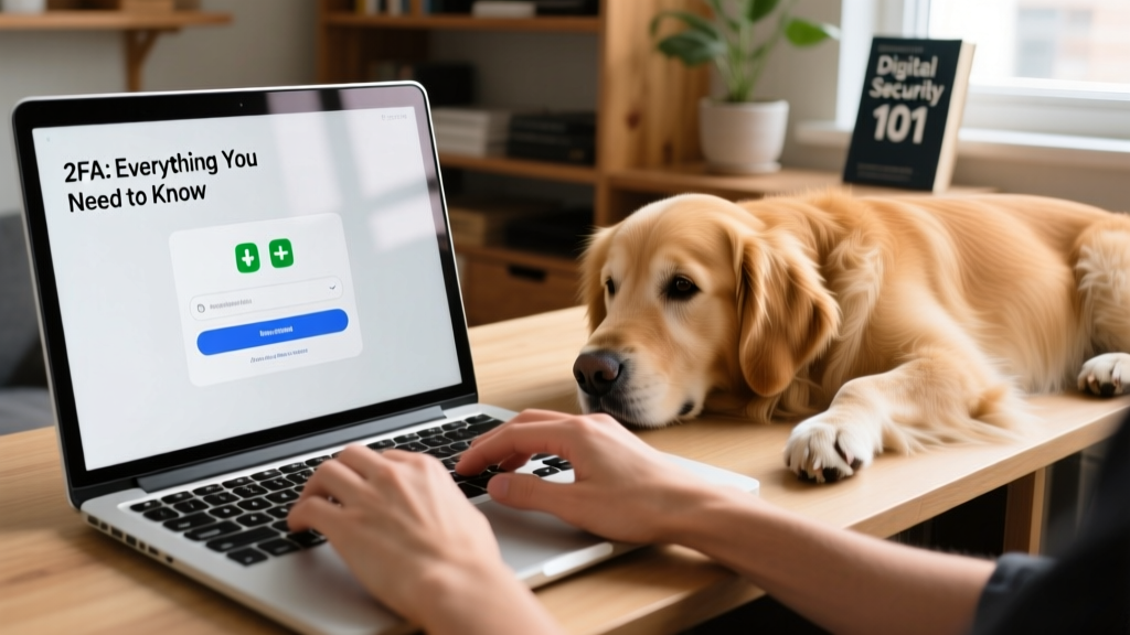 Close-up of hands typing on a laptop keyboard with a calm golden retriever resting nearby