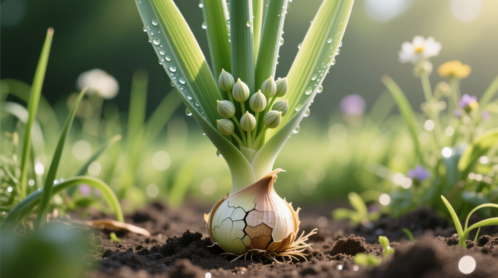 Johnny garlic plant showing hollow leaves and bulbils