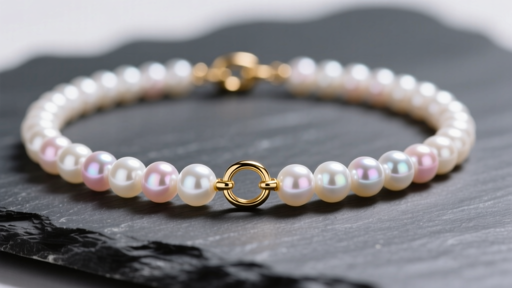 Extreme close-up of a 3mm tiny freshwater pearl necklace resting on dark slate, highlighting high luster and a 14k gold clasp.
