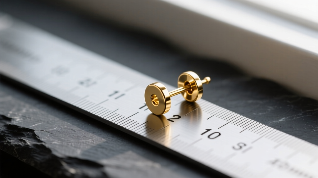 Close-up photo measuring an 18-gauge gold earring post next to a millimeter ruler on dark slate with soft shadows