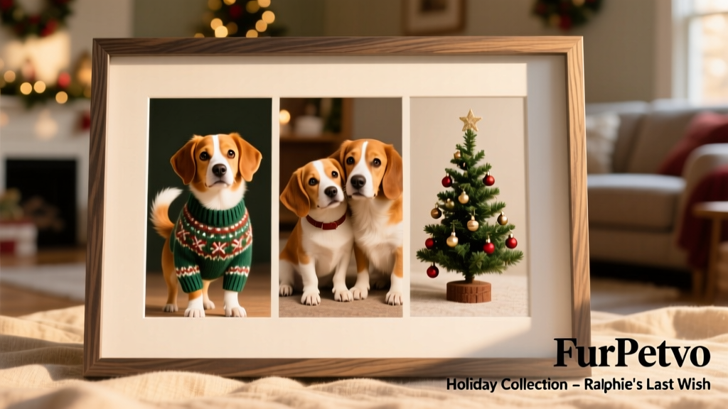 A framed digital collage showing Ralphie’s final FurPetVo holiday portrait collection: three variations—solo, with Jackie, and with a miniature Christmas tree