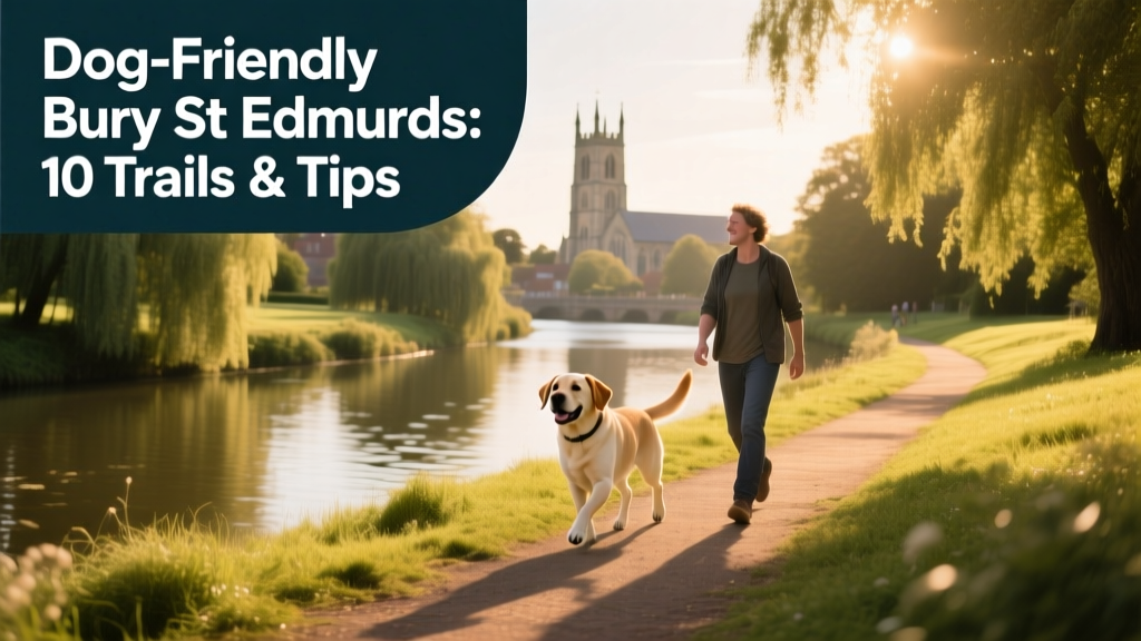 A scenic walking trail along the River Lark in Bury St Edmunds, with a dog trotting happily beside its owner