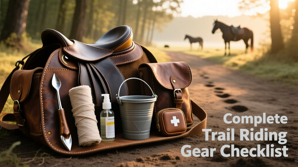 Well-organized saddlebags containing a hoof pick, vet wrap, collapsible bucket, fly spray, and first aid supplies