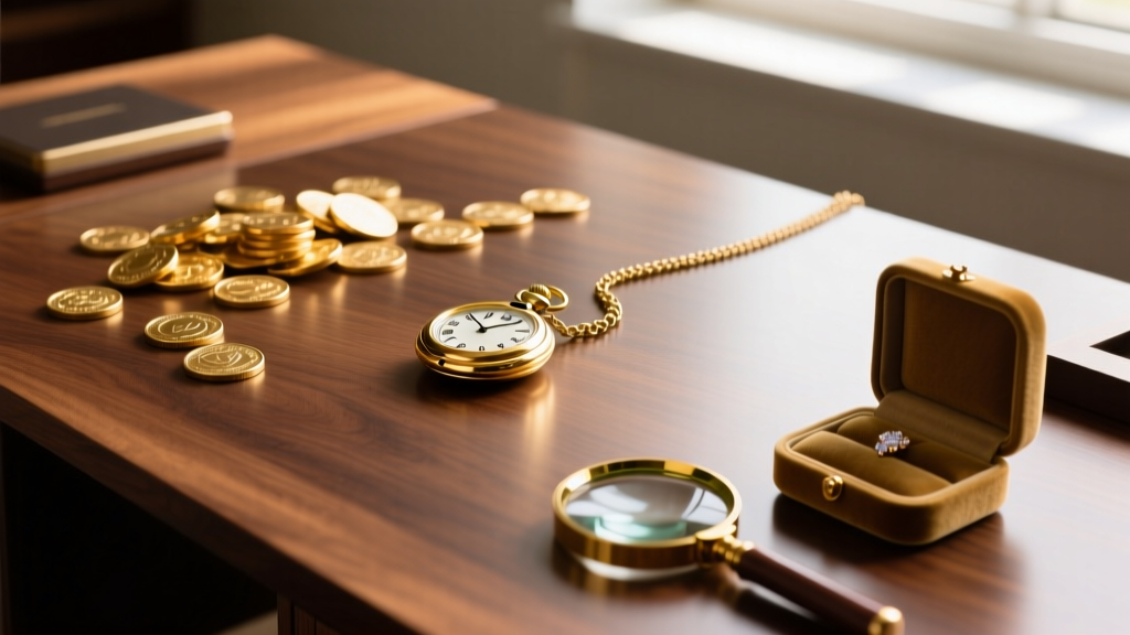 Polished wooden desk displaying a gold pocket watch, scattered 18k gold coins, and a jeweler's loupe under warm directional light.