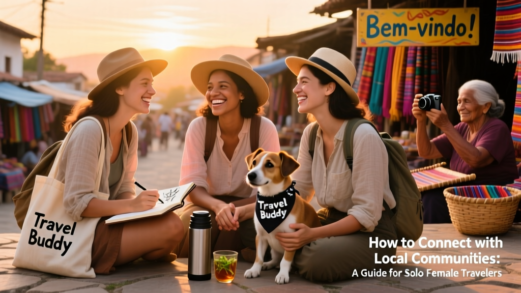 Three solo female travelers relaxing together at sunset, symbolizing camaraderie and shared discovery