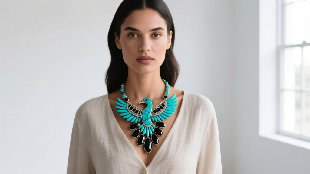 Woman wearing a Santo Domingo thunderbird necklace over a neutral linen blouse, highlighting vibrant turquoise and jet stones.