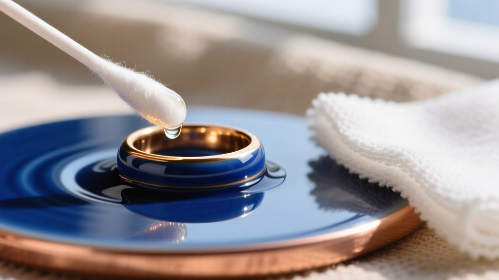 Cotton swab applying mild soapy water to a blue resin enamel ring while a microfiber cloth polishes the exposed copper border.