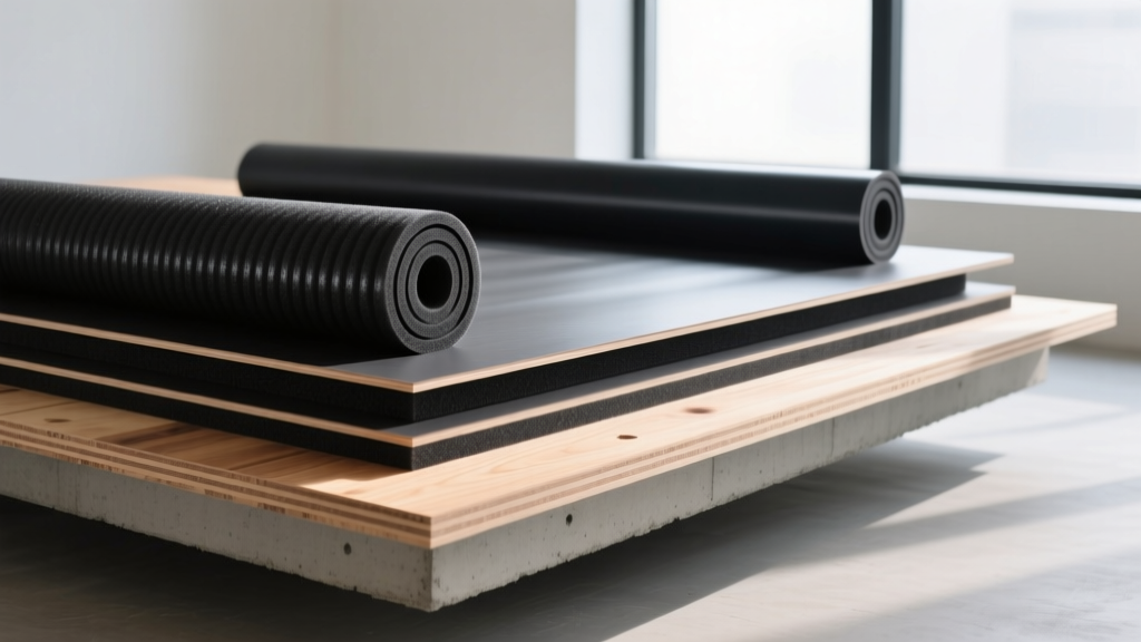 Close-up of high-density black polyethylene foam rolls and mass loaded vinyl sheets being layered under a floating plywood subfloor