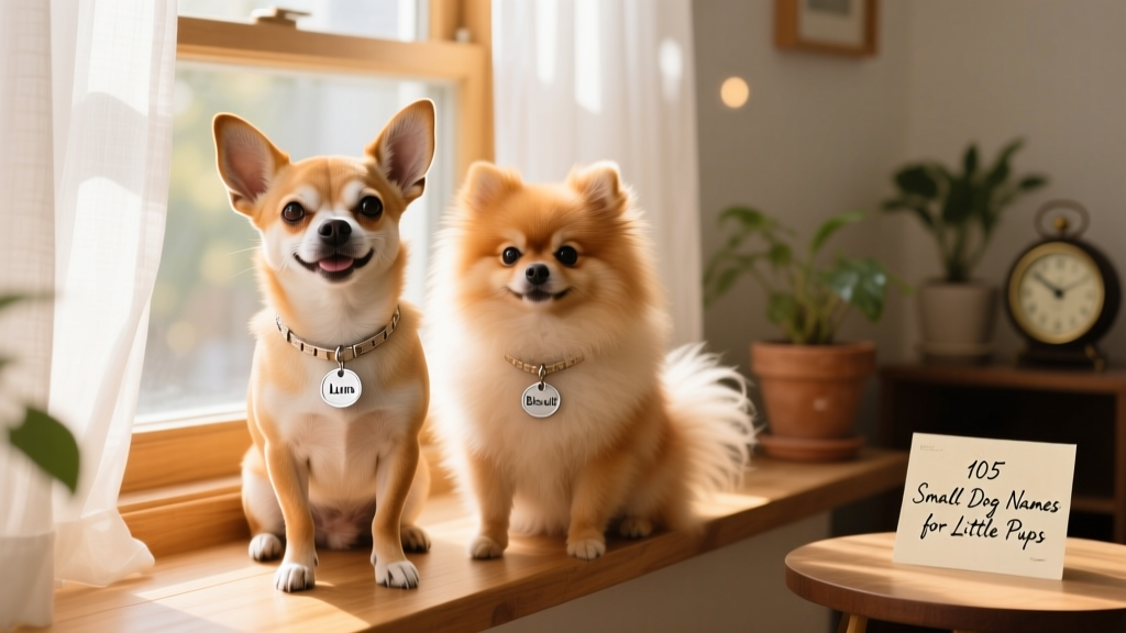 A cheerful Chihuahua and Pomeranian sitting side by side on a sunlit windowsill