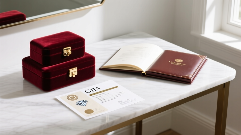 Velvet jewelry boxes next to a luxury insurance document and a GIA diamond certificate resting on a white marble vanity table