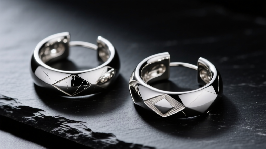 Close-up of polished silver earring hoops on dark slate, showing varying metallic lusters, textures, and bright studio lighting.