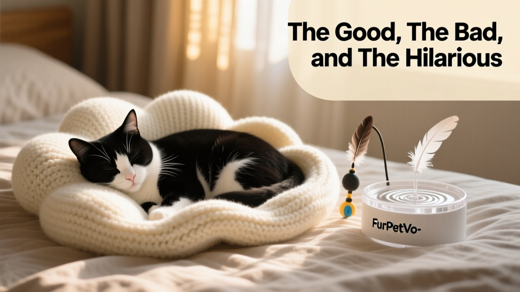 Cat peacefully napping in a cozy bed beside a FurPetVo-branded toy and water fountain