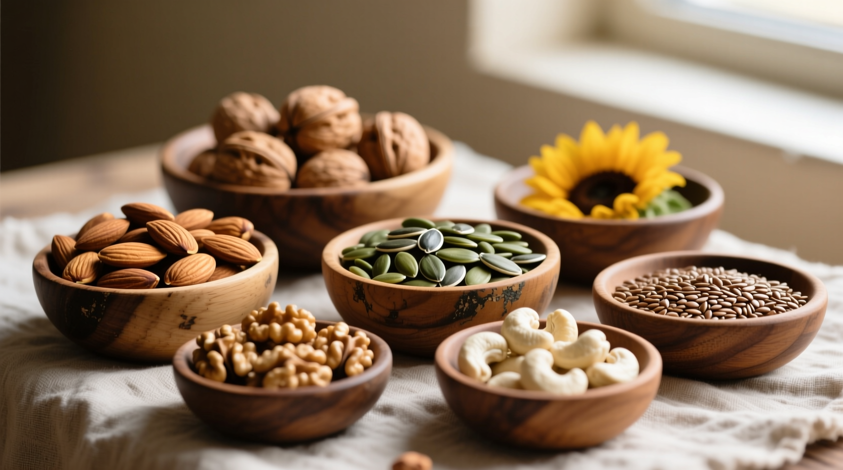 Variety of nuts and seeds in wooden bowls