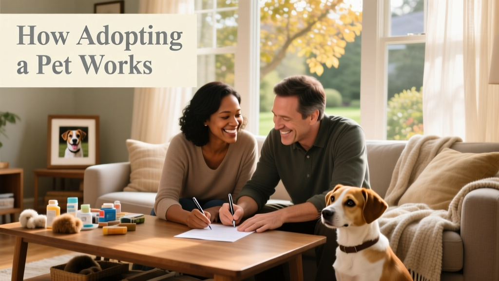 Two people smiling while signing adoption paperwork together at a cozy living room
