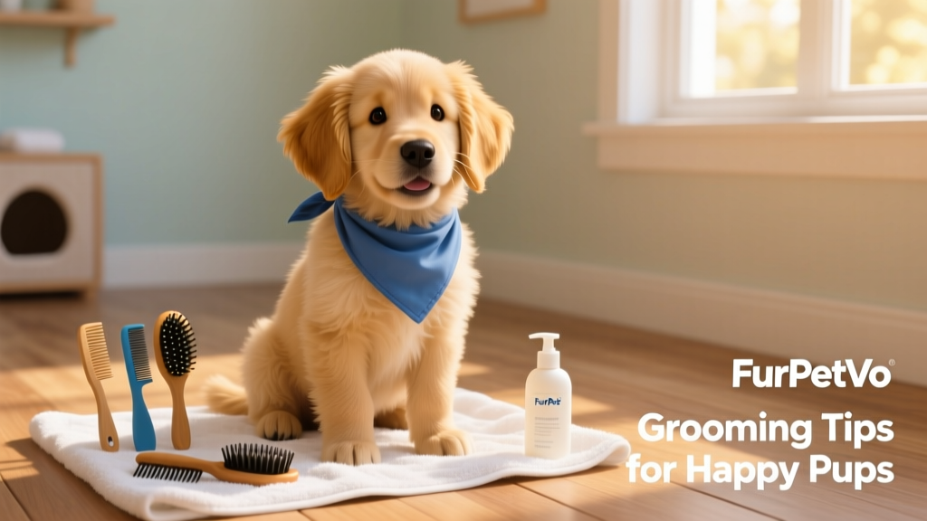 A cheerful Goldendoodle puppy mid-grooming session, wearing a blue bandana and sitting beside FurPetVo grooming supplies