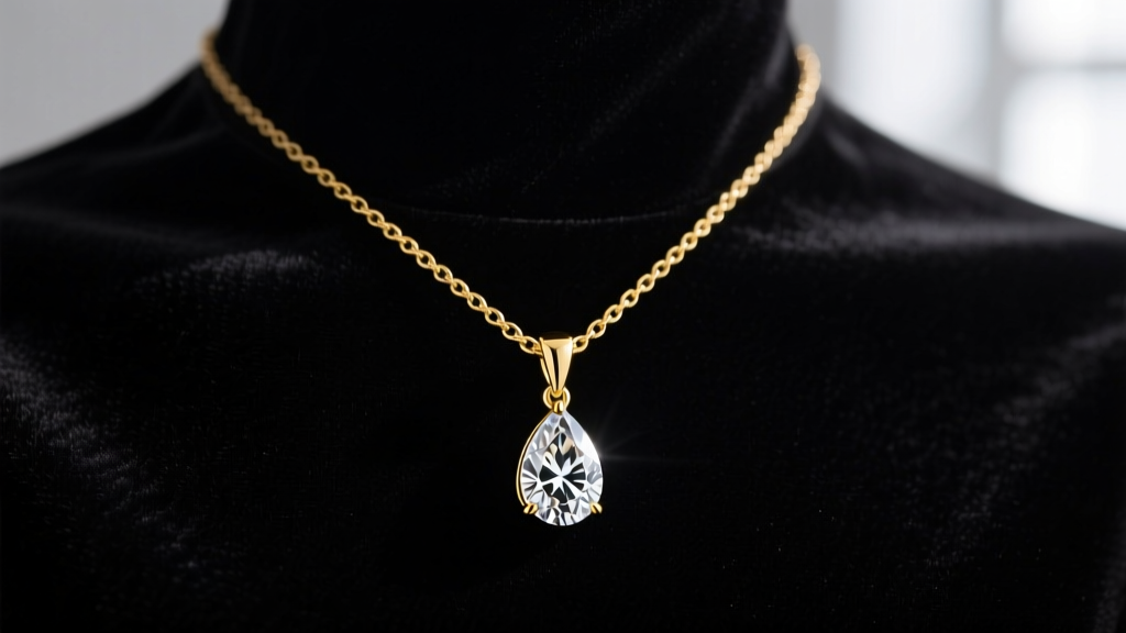 Close-up of an 18k yellow gold lavalier necklace with a teardrop diamond pendant on a delicate box chain against dark velvet.