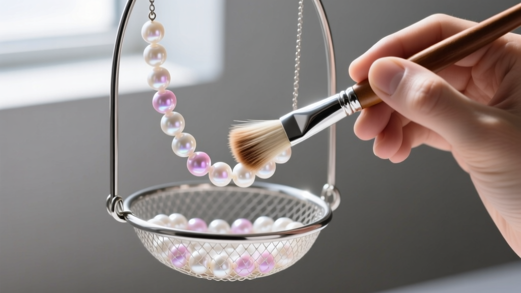Jeweler using a soft horsehair brush to gently clean a delicate natural pearl strand over a stainless steel mesh basket, bright