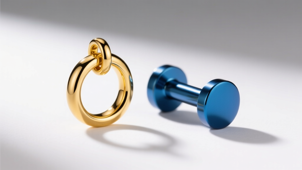 Side-by-side of a polished 14k yellow gold navel dangle and an anodized blue titanium curved barbell under bright studio lighting.