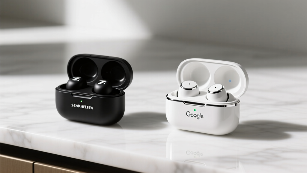 Side-by-side comparison of Sennheiser Momentum True Wireless 4 and Pixel Buds Pro 2 charging cases open on a marble countertop