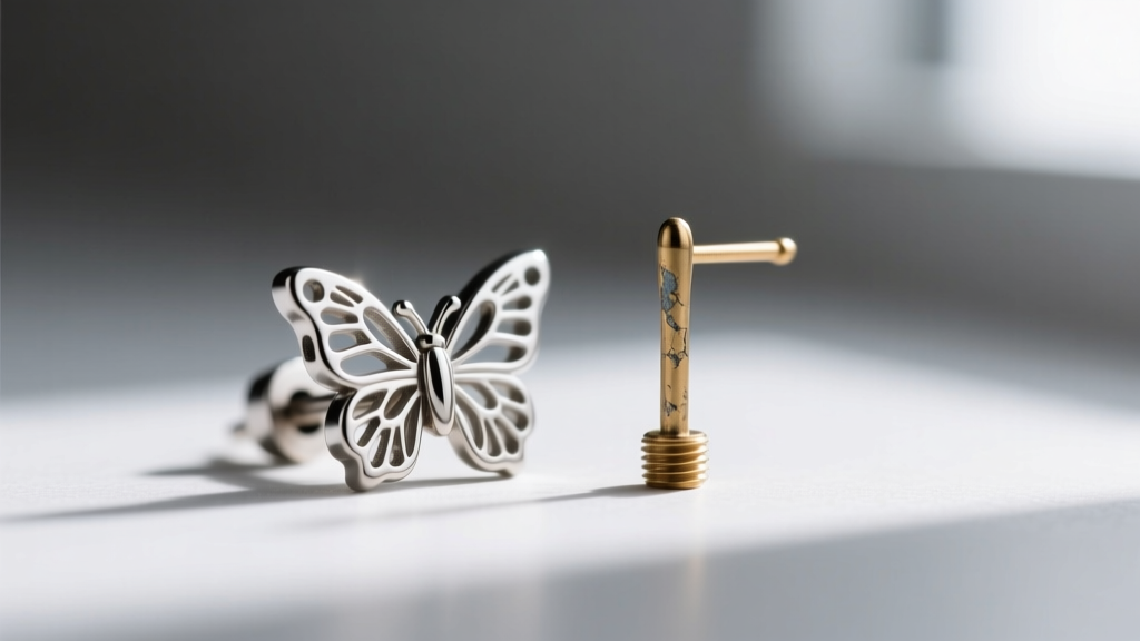 Close-up of a 20-gauge titanium earring post with butterfly backing next to a thin 22-gauge brass post showing plating wear