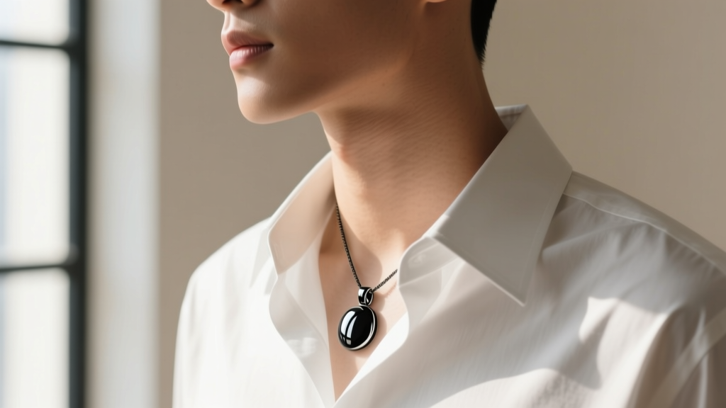 Profile view of a person wearing a black stainless steel pendant, contrasting the dark metal against a white cotton shirt collar.