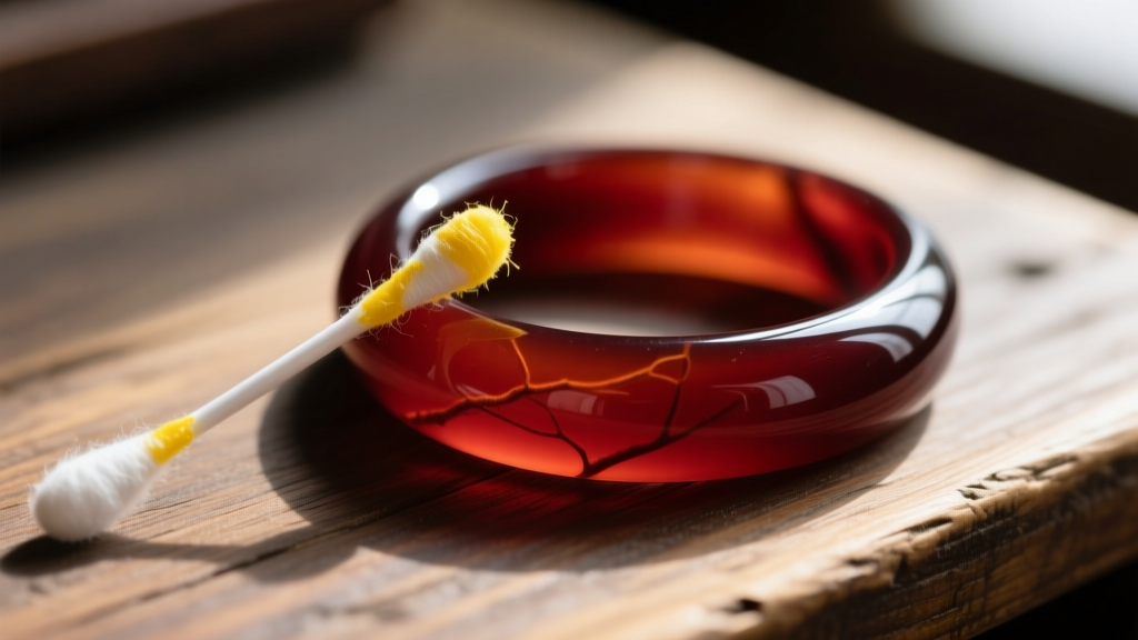 Cotton swab with yellow Simichrome polish residue next to a translucent dark red bakelite bangle, macro photo on a wooden desk.
