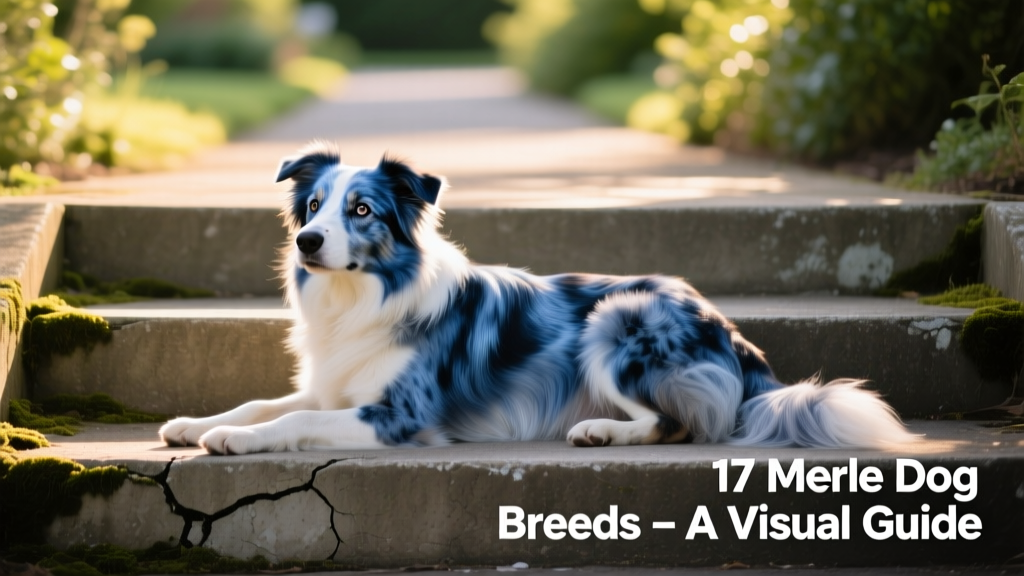 A blue-merle border collie lying down on concrete stairs