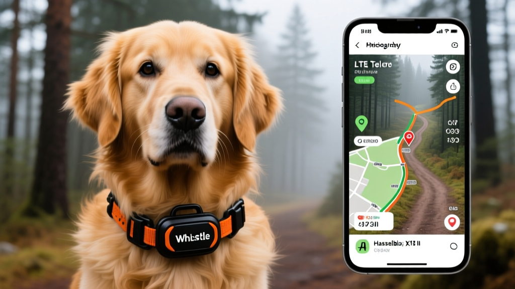 Close-up of a golden retriever wearing a rugged Whistle GO Explore GPS tracker on a tactical collar, with a smartphone displaying real-time LTE telemetry maps.