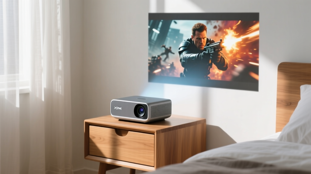 XGIMI MoGo 2 Pro portable projector displaying a vibrant 1080p movie scene on a white bedroom wall from a compact wooden nightstand