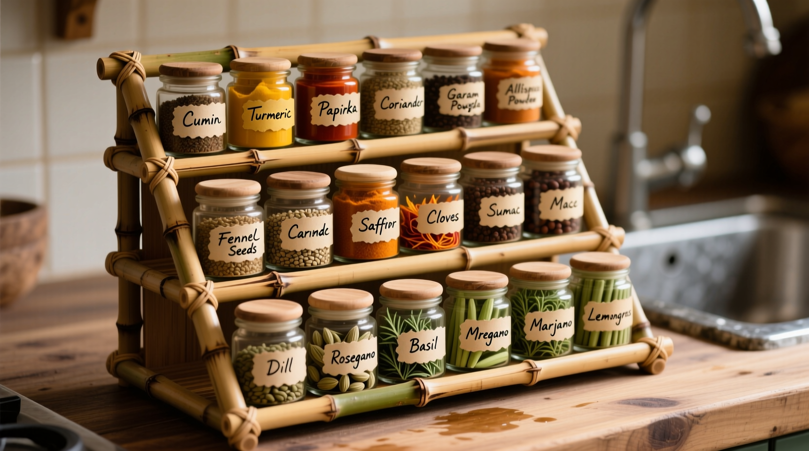 Tiered bamboo spice rack holding 20 labeled spice jars