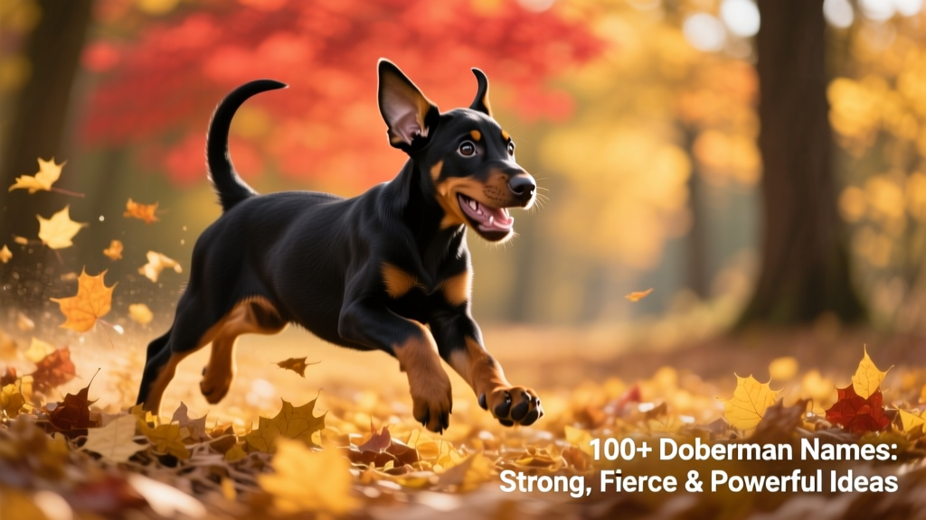 A joyful Doberman puppy running through autumn leaves, tail up and eyes bright, capturing its energetic and affectionate spirit