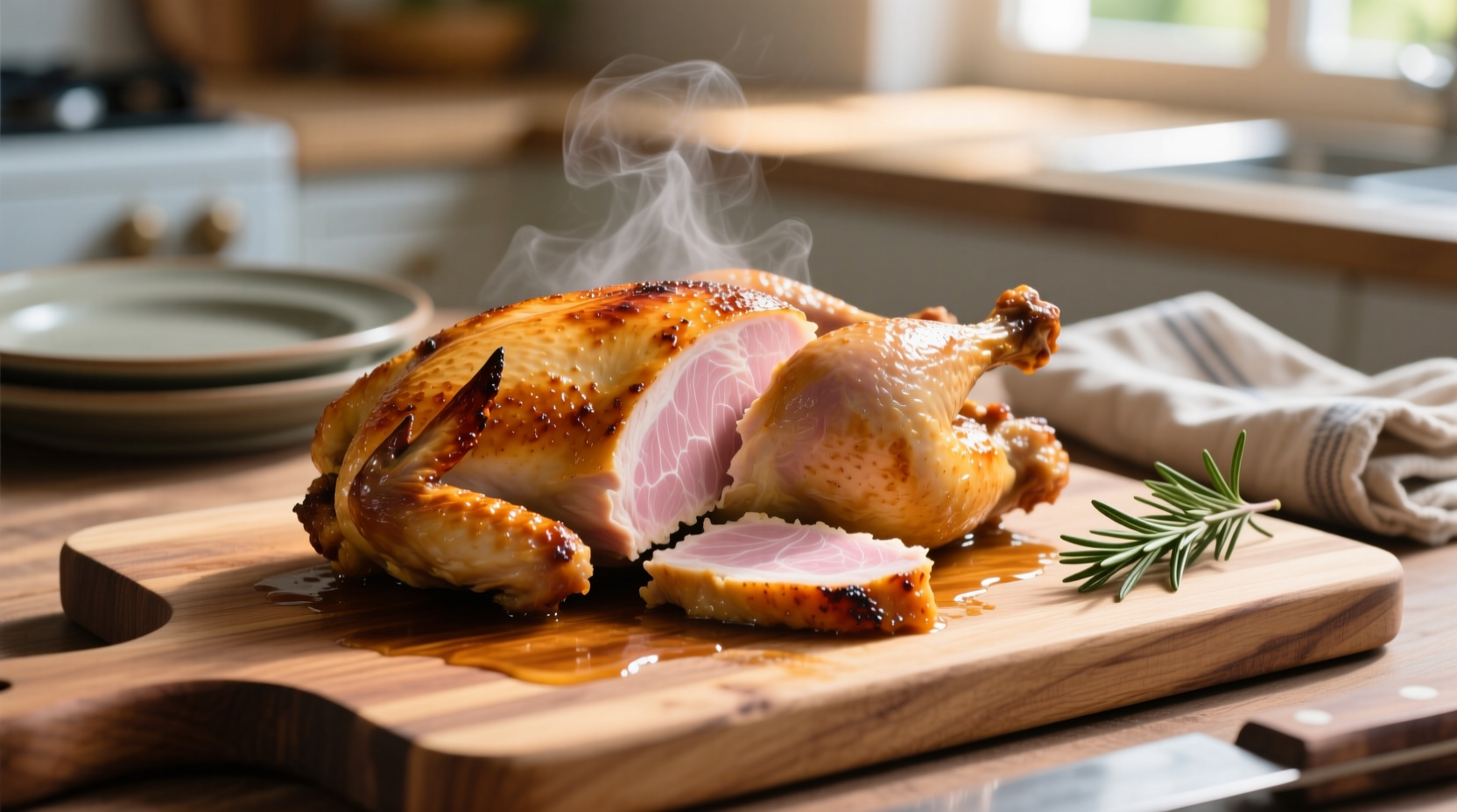 Perfectly roasted chicken breast on cutting board