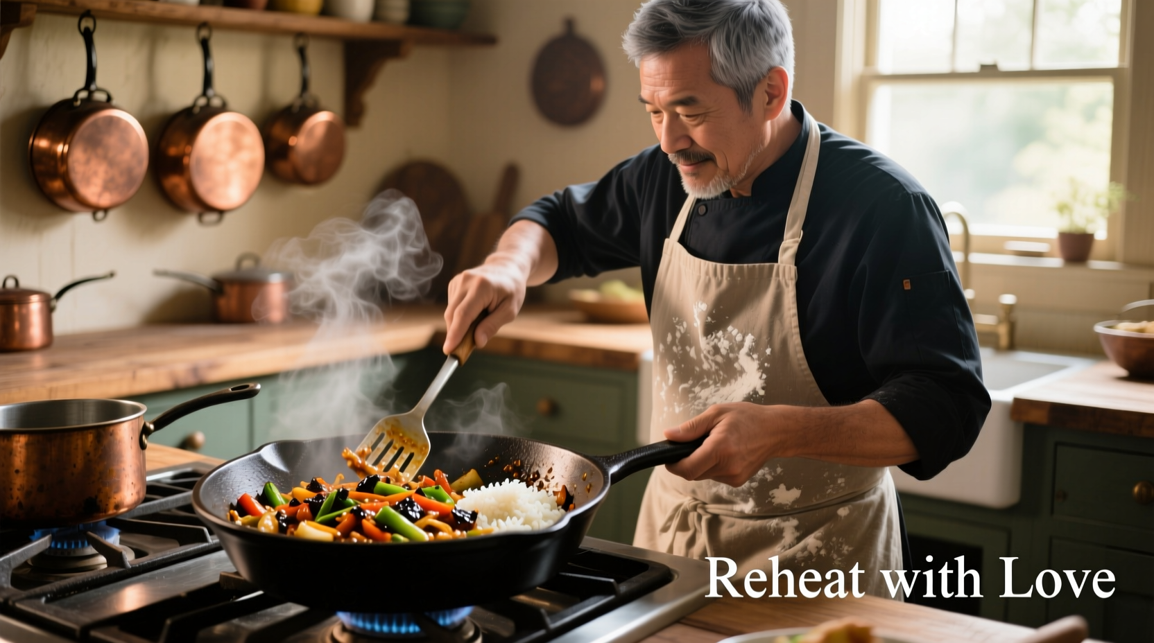 Chef reheating leftovers in cast iron skillet