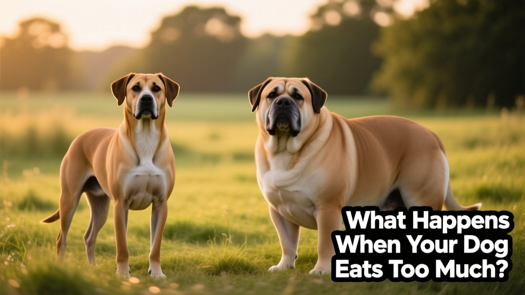 Side-by-side comparison showing a healthy-weight dog and an overweight dog, highlighting posture and body shape differences