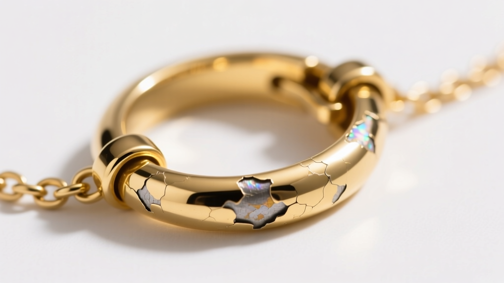 Macro shot of a gold plated brass necklace clasp showing base metal peeling through thin flash plating under bright studio lights