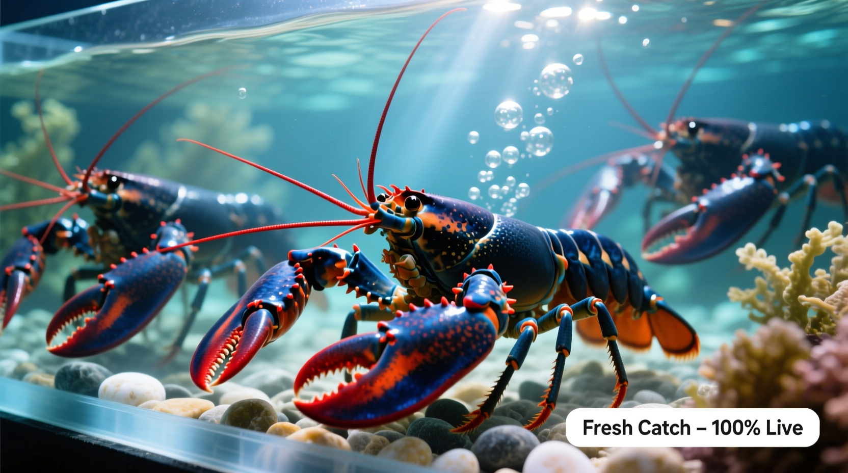 Fresh live lobsters in seawater tank