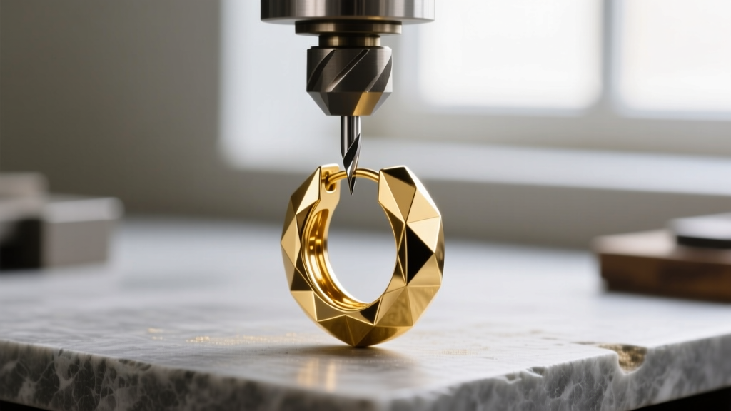 Macro view of a diamond-tipped lathe carving precise geometric facets into a thick 14k yellow gold hoop earring on a workbench.