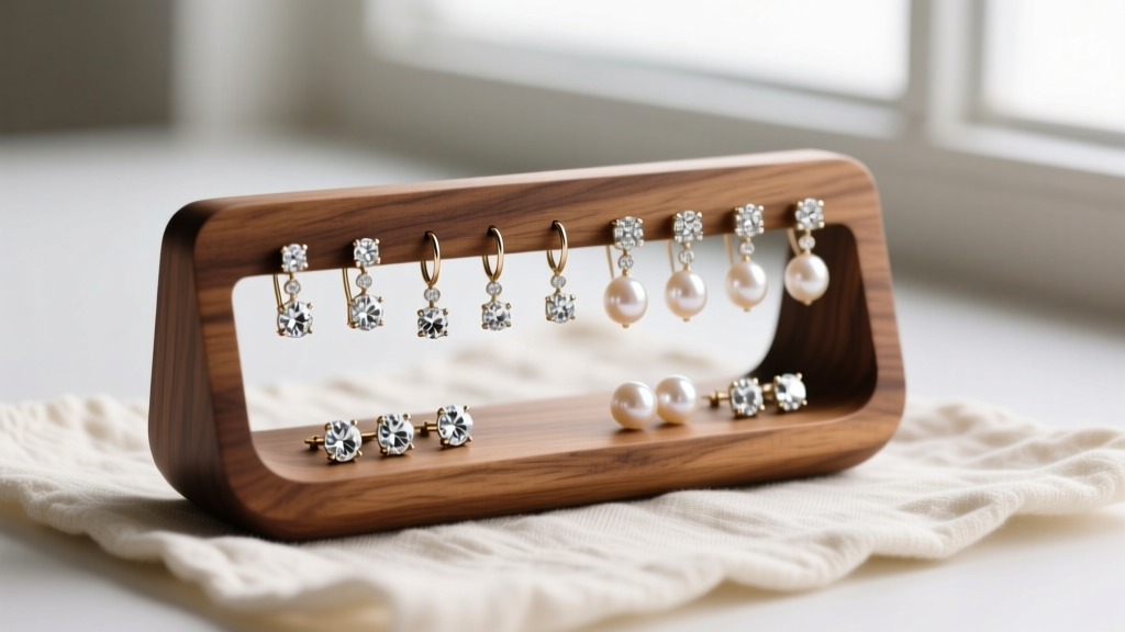 Walnut wood small earring holder displaying 20-gauge diamond studs and delicate pearl earrings resting on a textured linen mat.