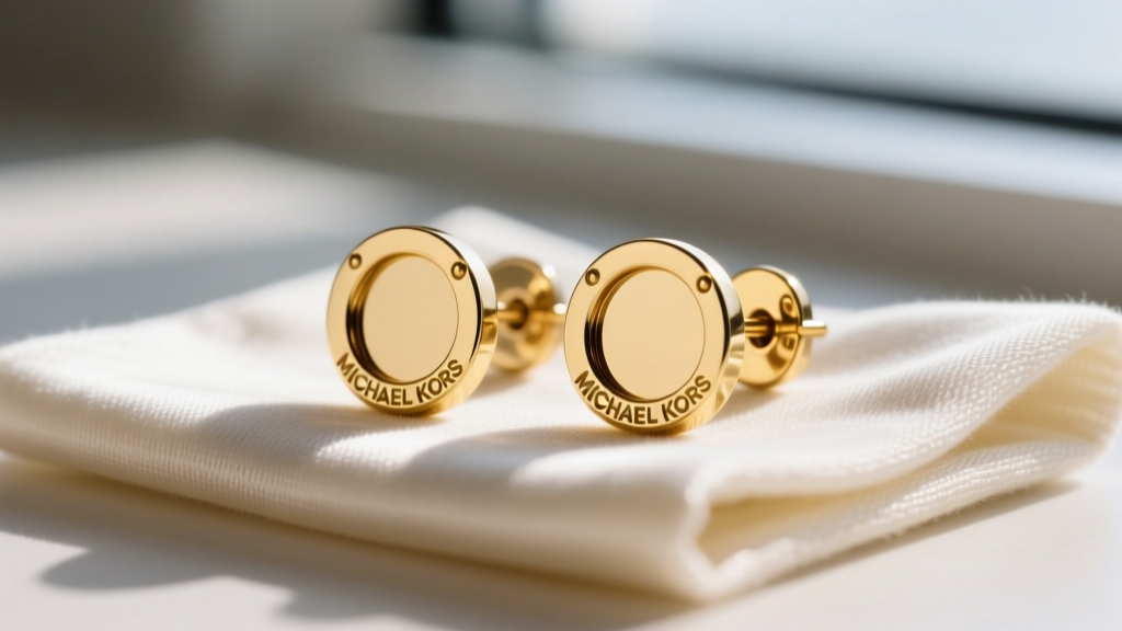 Close-up of gold-plated Michael Kors stud earrings on a microfiber cloth, revealing slight wear on the brass base metal edges
