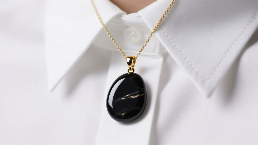 Minimalist black shungite pendant on a thin gold chain resting against a crisp white collar, soft studio lighting, highly detailed