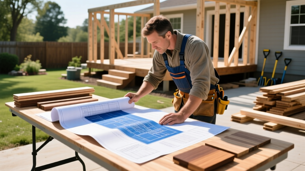Carpenter reviewing large printed deck blueprints and a detailed material checklist on a folding table at a residential backyard construction site