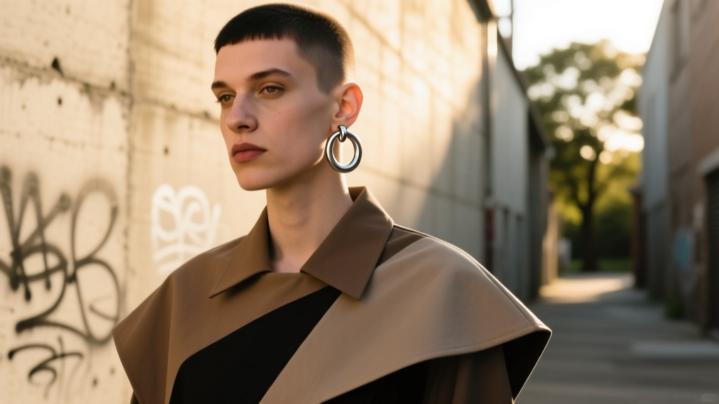 Profile of a person wearing a single silver circle dangle earring in the left ear, highlighting modern gender-fluid streetwear.